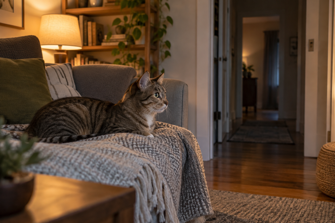 Chat couché sur un canapé, attentif au corridor