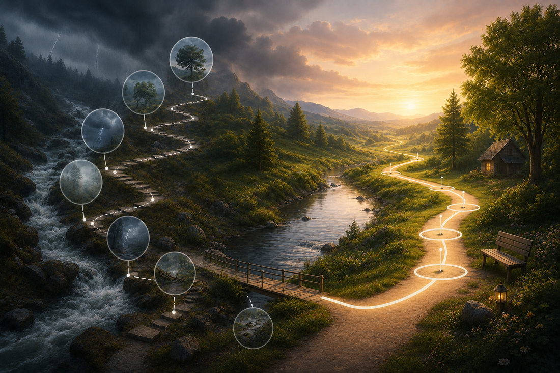 Chemin traversant plusieurs embranchements rapprochés avec une zone de repos entre deux changements de direction