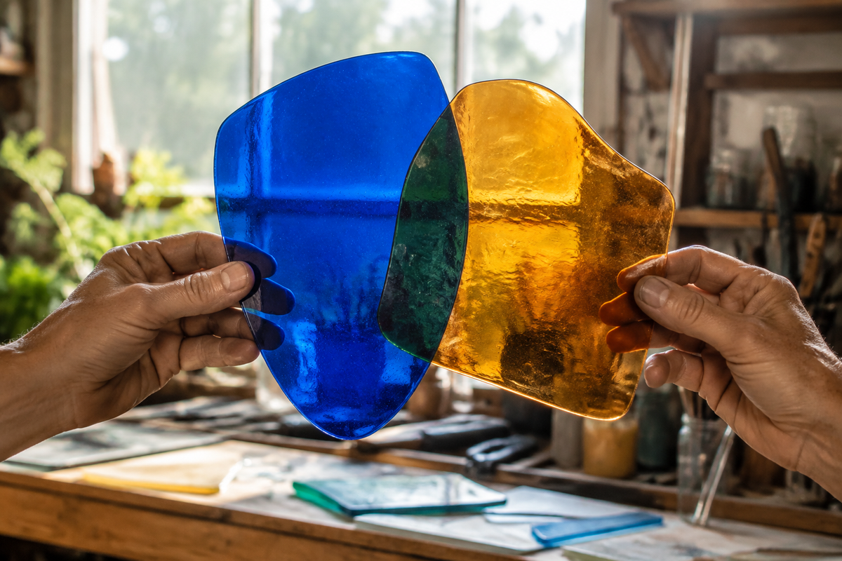 Deux morceaux de verre coloré se chevauchant devant une fenêtre