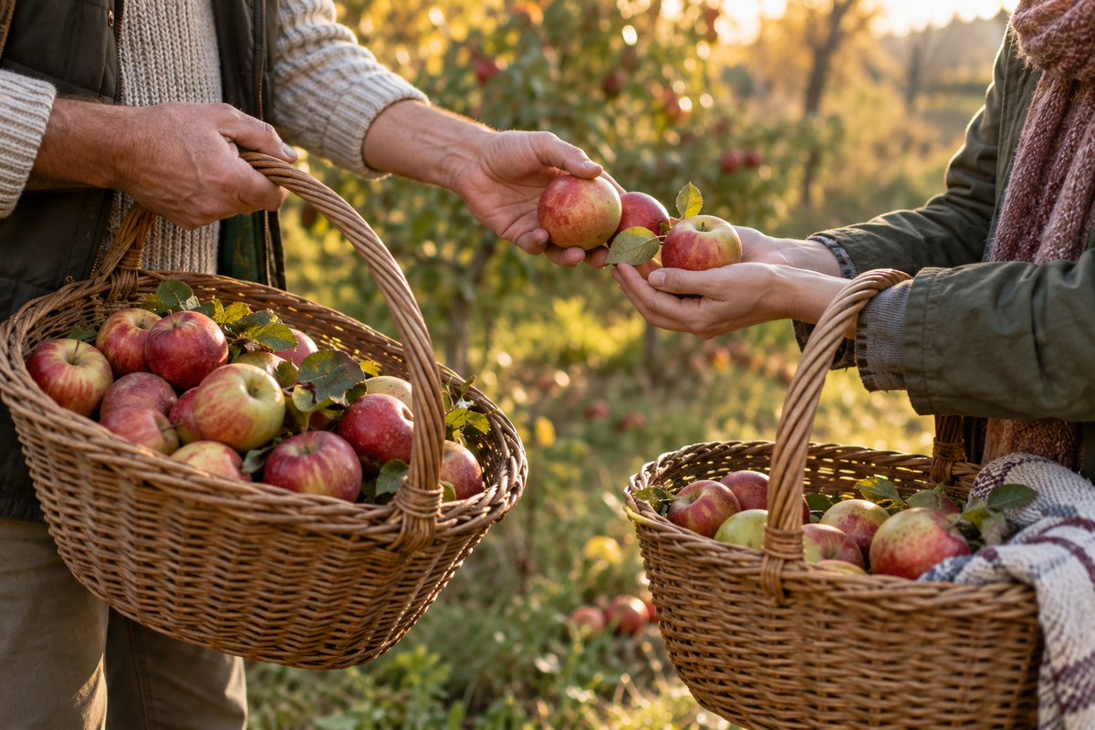 Deux personnes partageant des pommes entre leurs paniers