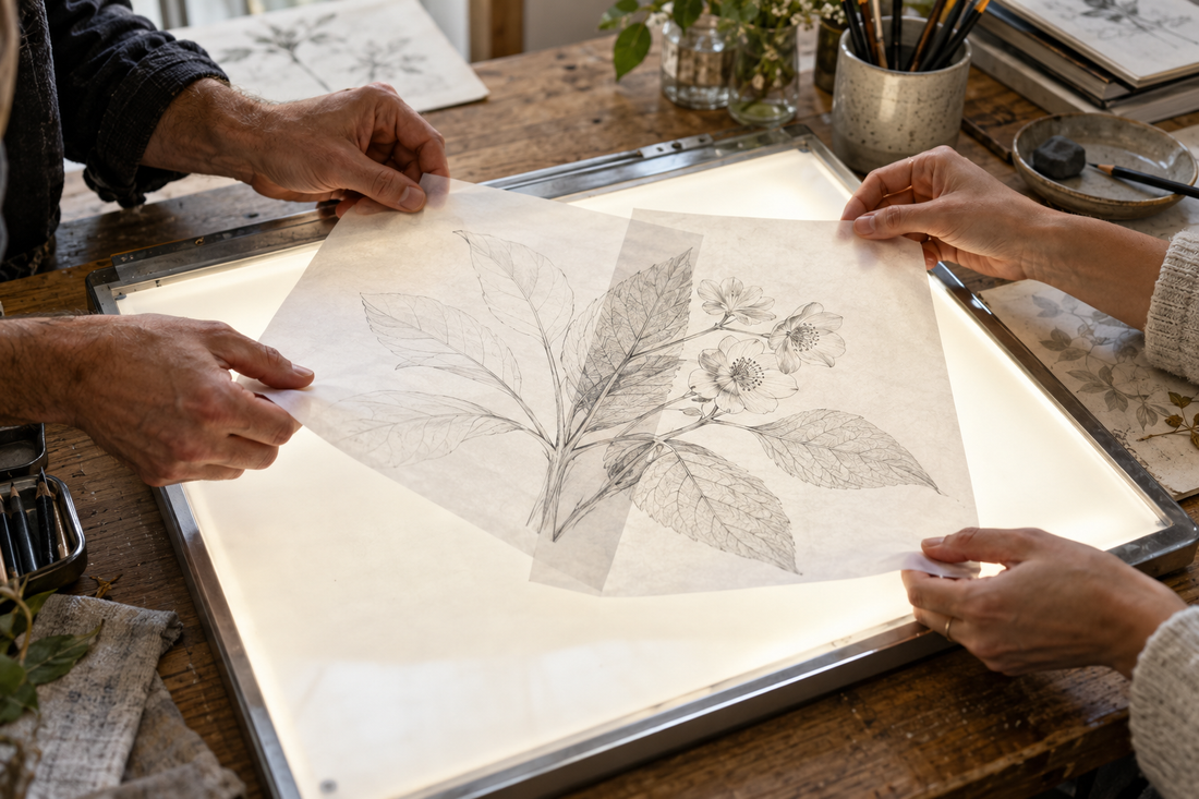 Deux personnes superposant des dessins botaniques sur une table lumineuse