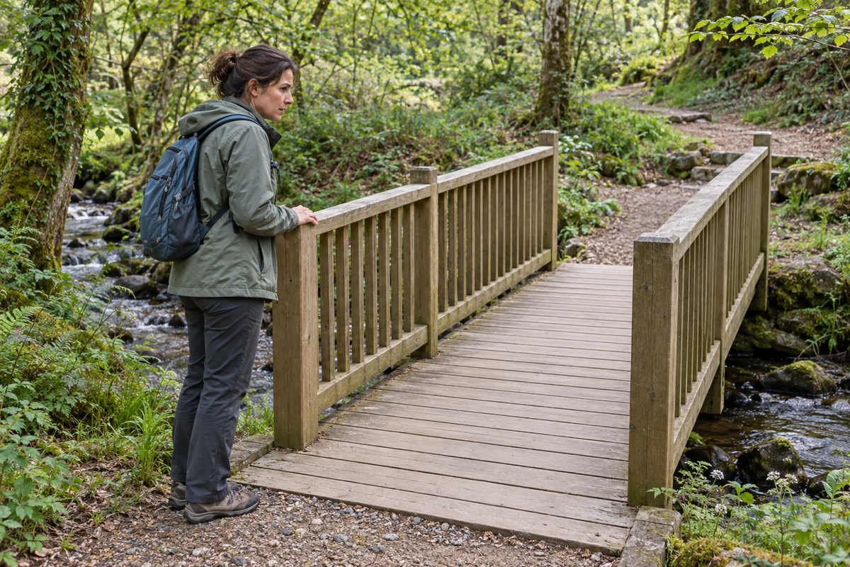 Femme à l’entrée d’une passerelle en bois avec garde-corps