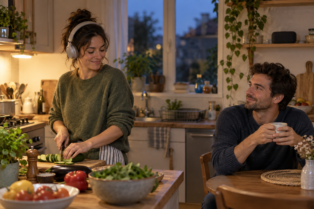 Femme cuisinant avec des écouteurs près d’un homme au calme