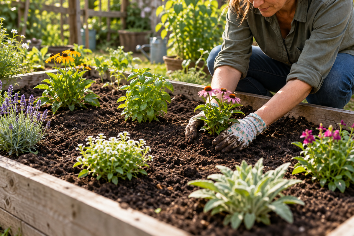 Femme espaçant des plantes dans une plate-bande