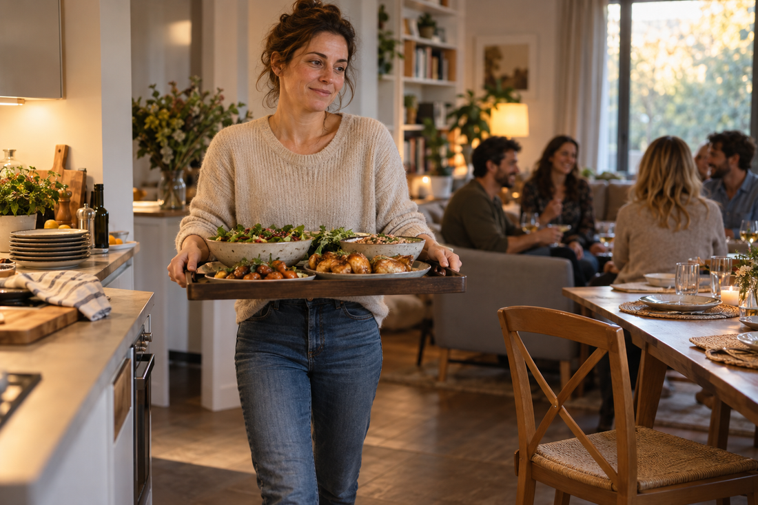 Femme fatiguée servant un repas pendant que les invités discutent