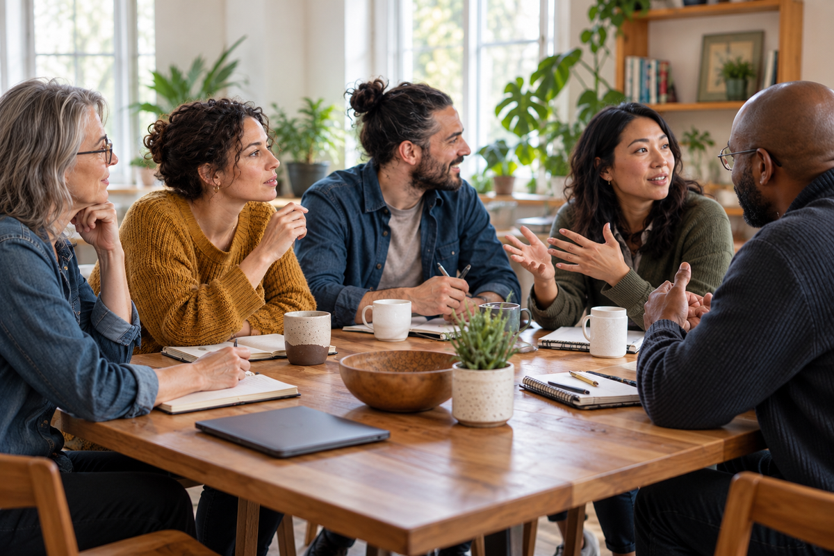 Femme en jaune attendant son tour dans une discussion