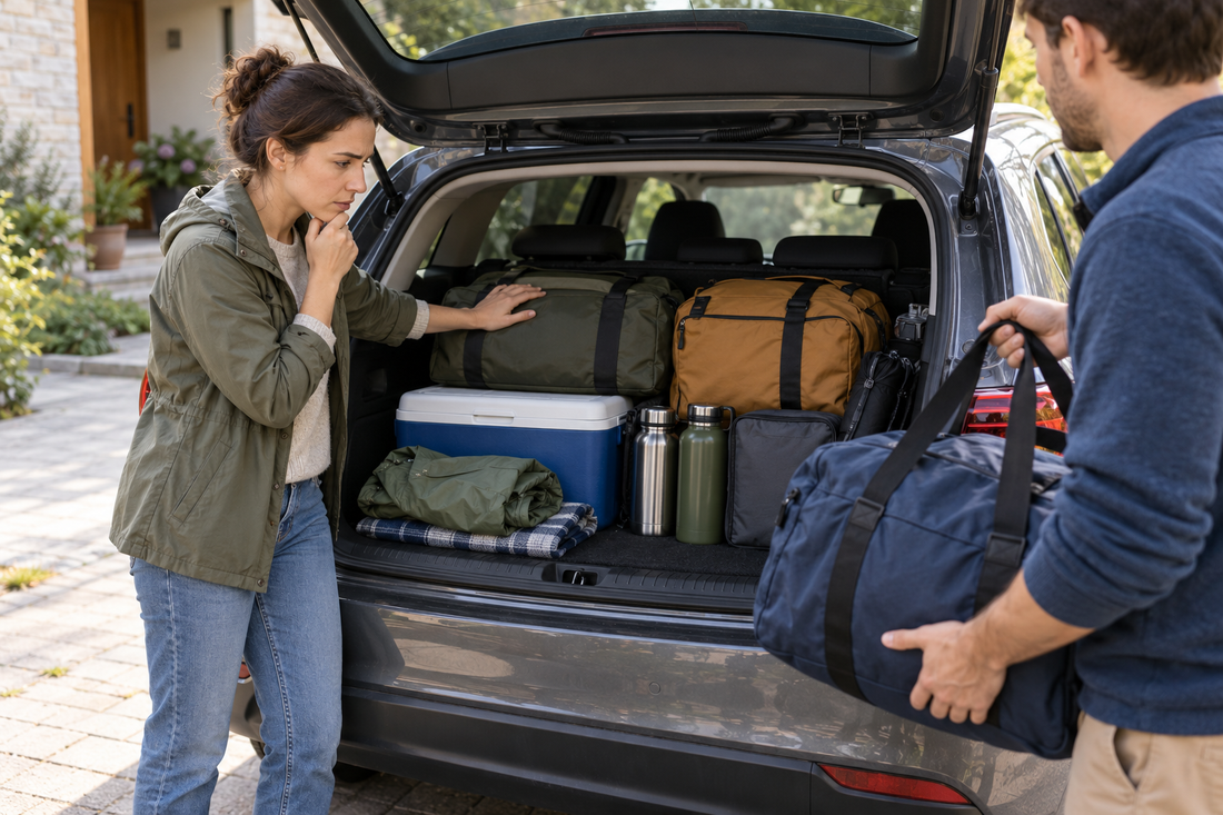 Femme observant un bagage imprévu devant un coffre organisé