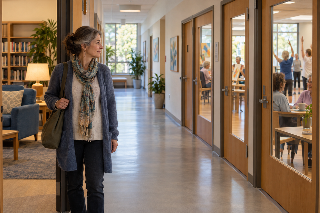 Femme observant différentes activités depuis le corridor d’un centre communautaire