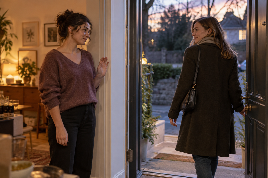 Femme quittant une rencontre pendant que son amie la salue