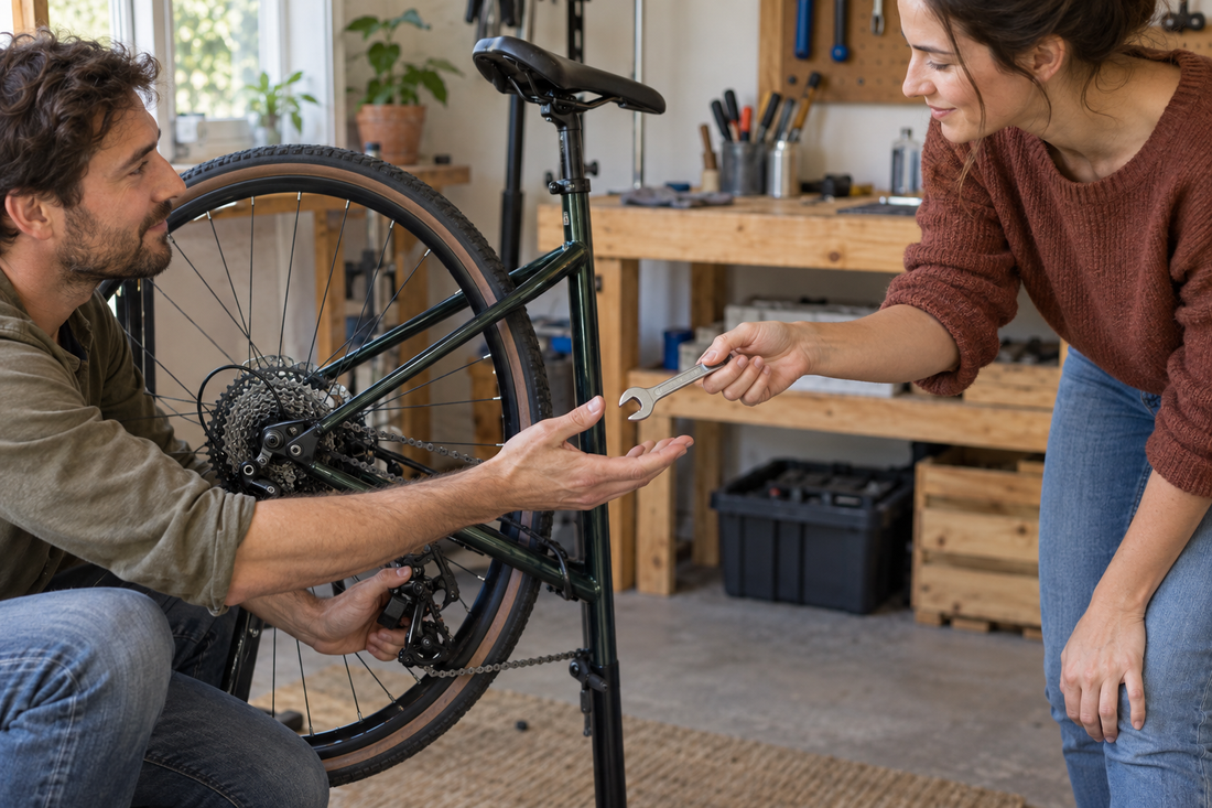 Femme remettant une clé à un homme réparant un vélo