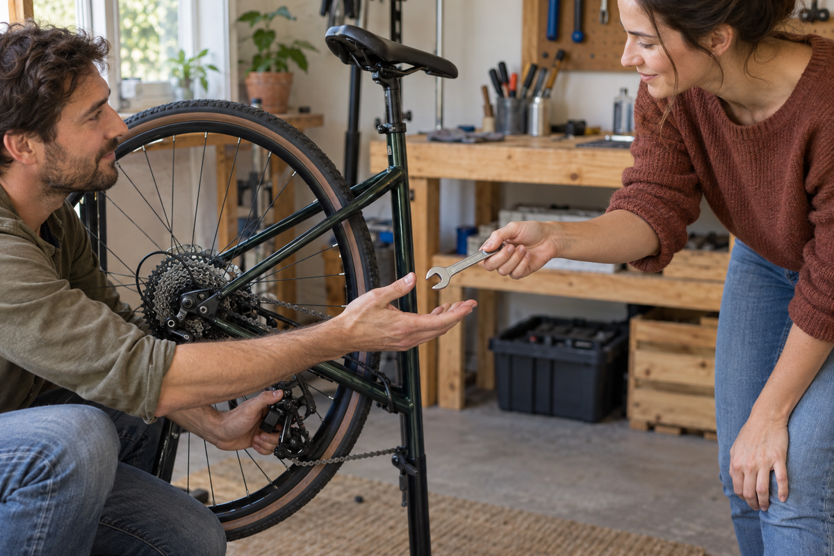 Femme remettant une clé à un homme réparant un vélo