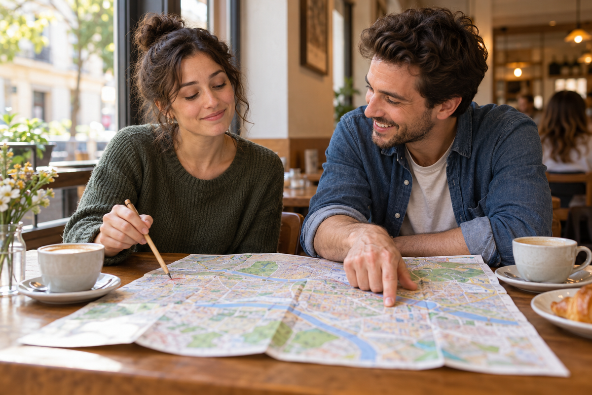 Femme retirant son repère d’une carte, homme pointant ailleurs
