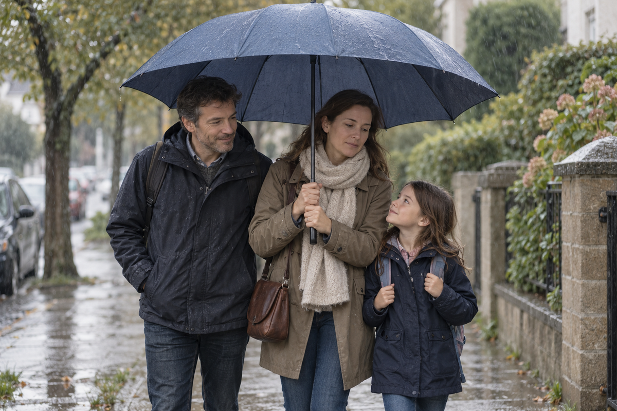 Femme tenant un grand parapluie pour abriter sa famille