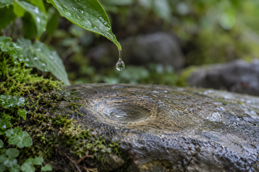 Goutte tombant sur une pierre creusée par l’eau