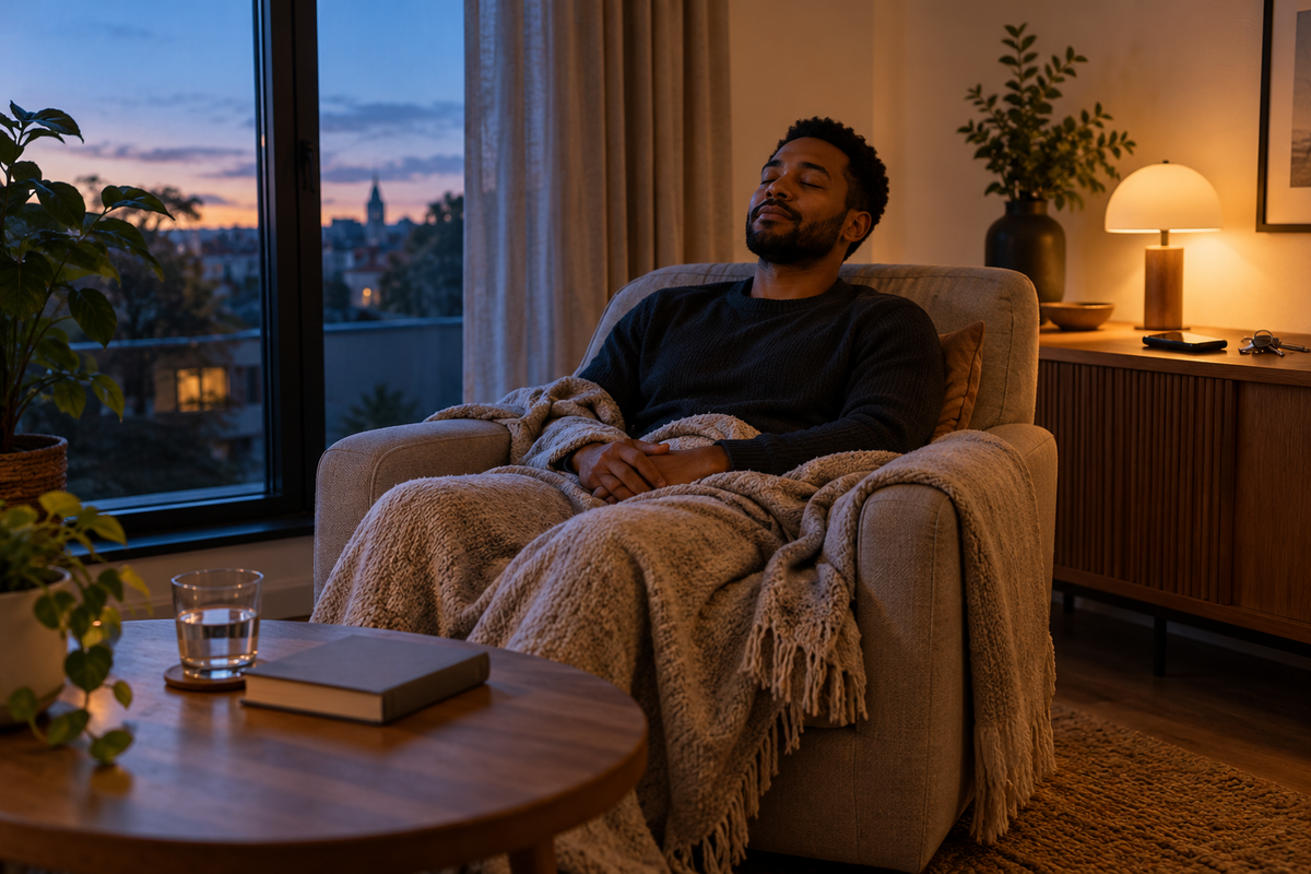 Homme se reposant seul dans un salon calme