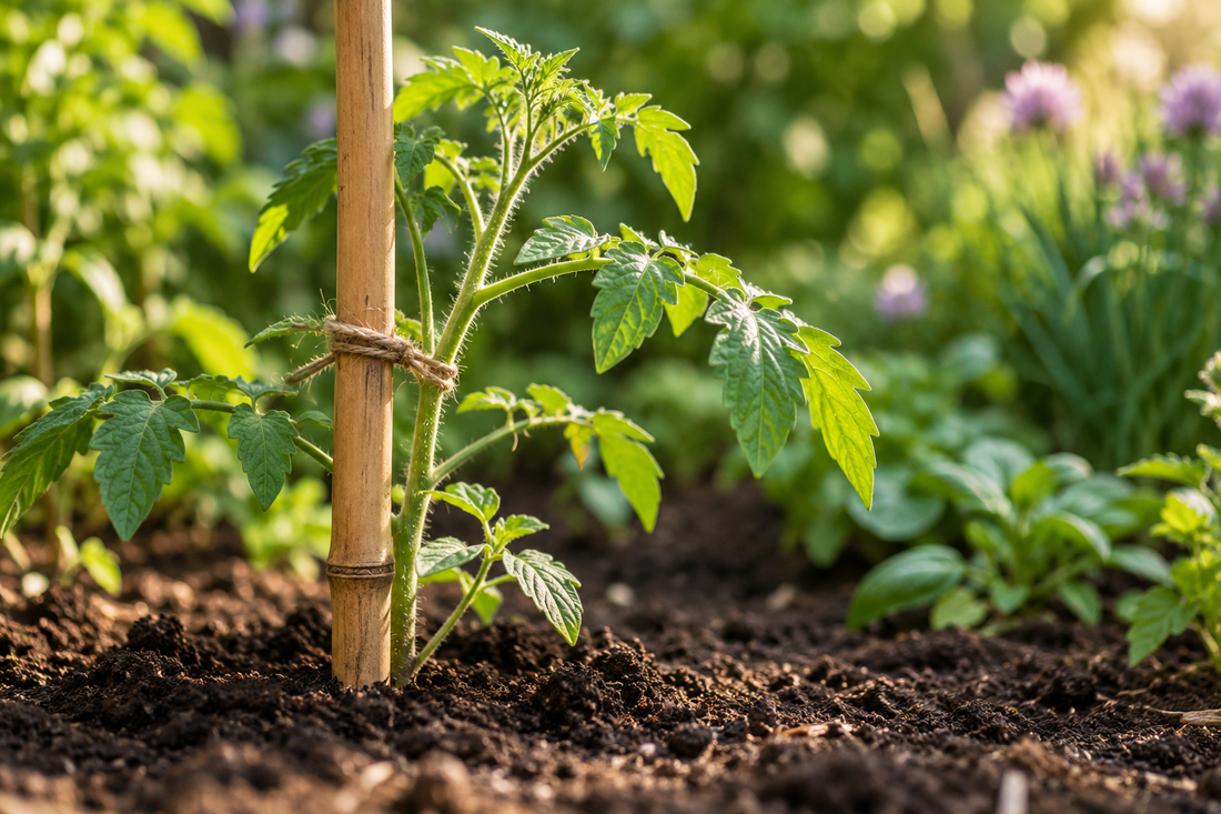 Jeune plante attachée à un tuteur dans un jardin