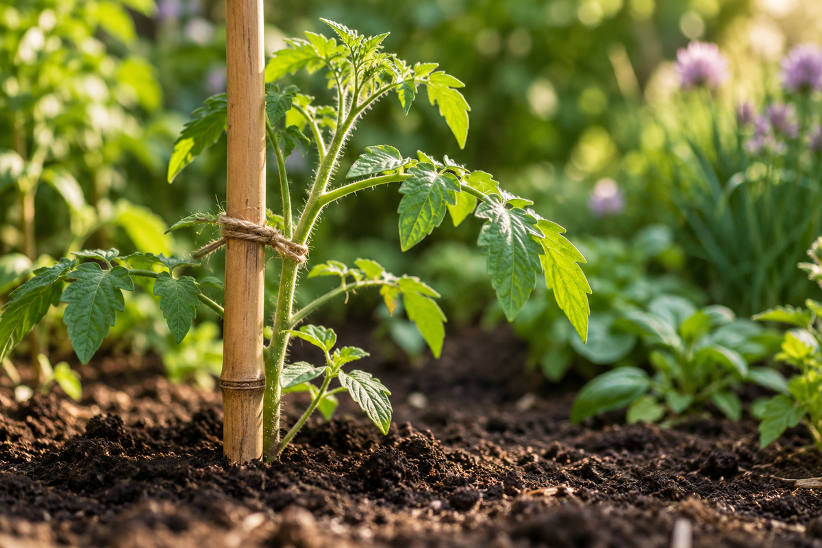 Jeune plante attachée à un tuteur dans un jardin