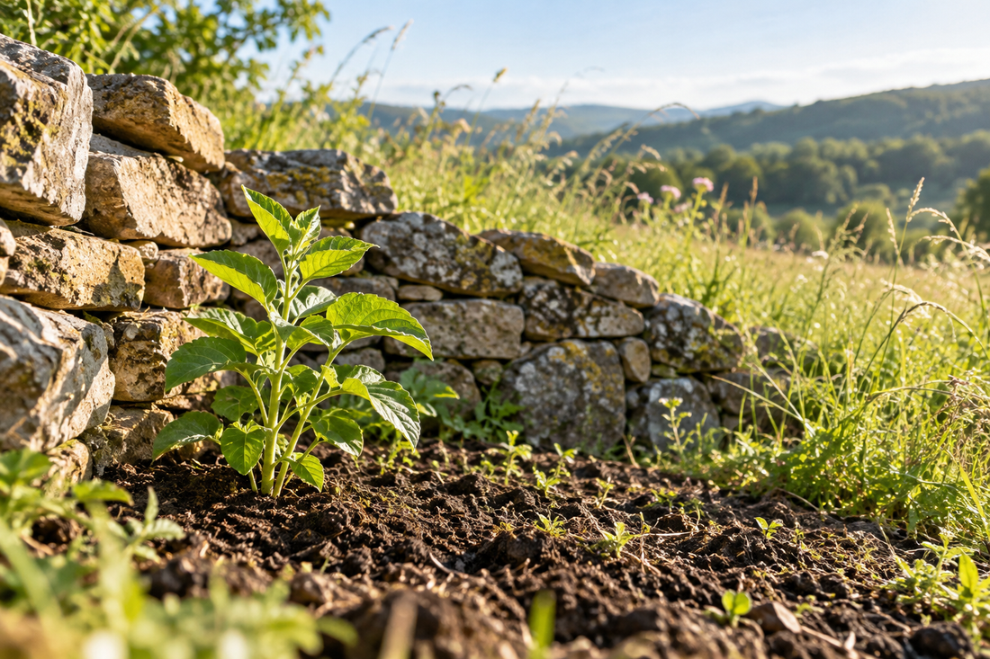 Jeune plante au pied d’un muret de pierres ensoleillé