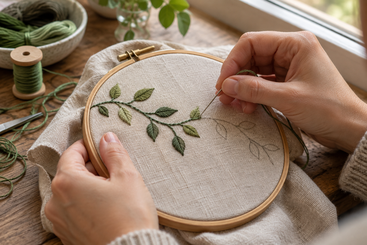 Mains brodant un motif végétal sur une toile