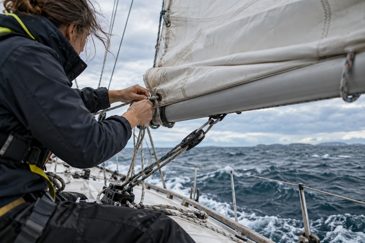 Navigatrice réduisant sa voile dans un vent soutenu