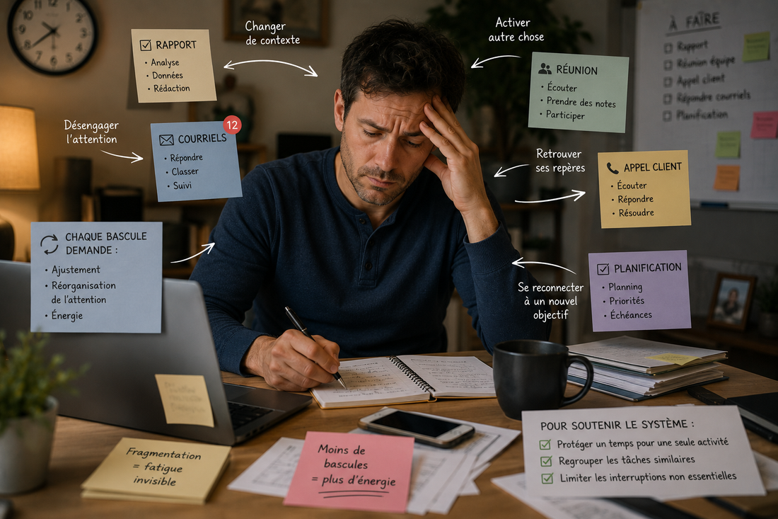 Personne alternant entre plusieurs tâches de travail