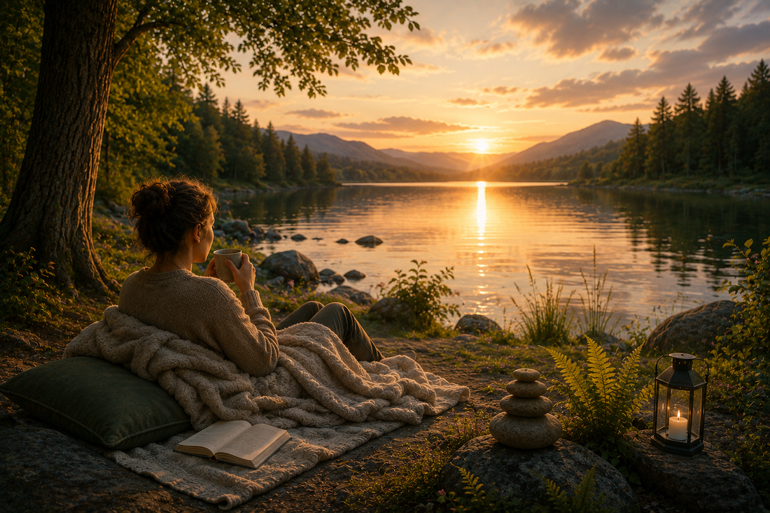 Personne assise paisiblement au bord d’un lac, respirant calmement dans un environnement naturel, illustrant la récupération profonde du système nerveux