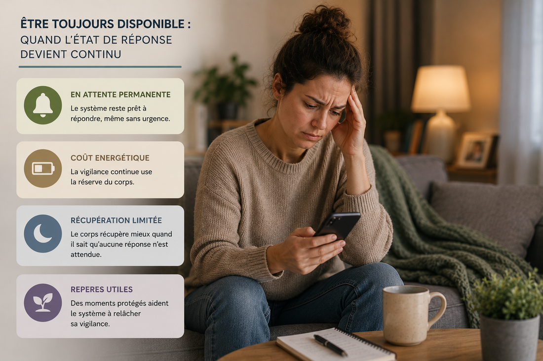 Personne consultant régulièrement son téléphone et restant attentive à son environnement