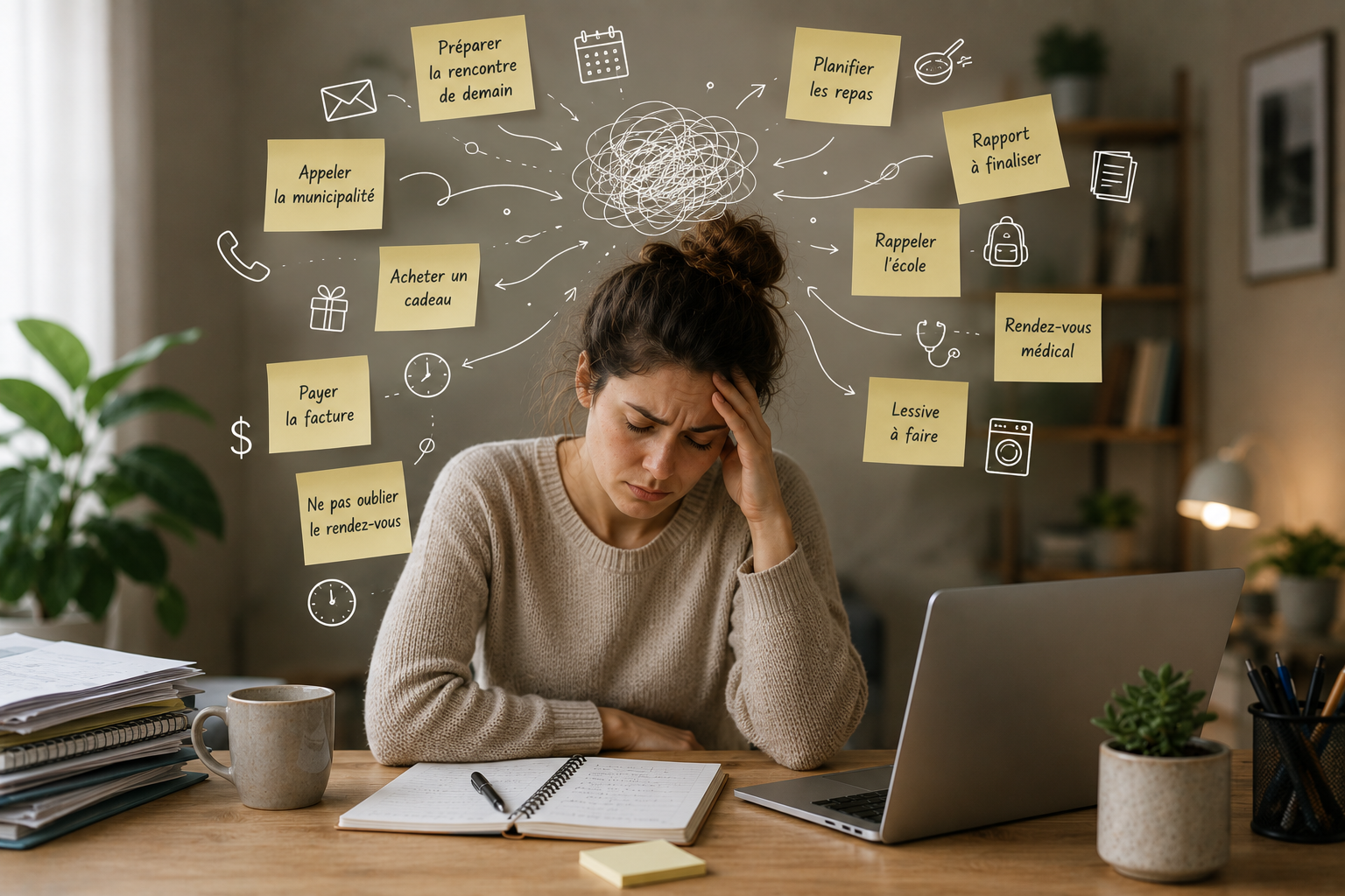 Personne devant gérer plusieurs informations, décisions et responsabilités simultanément, illustrant la surcharge cognitive et ses effets sur le système nerveux