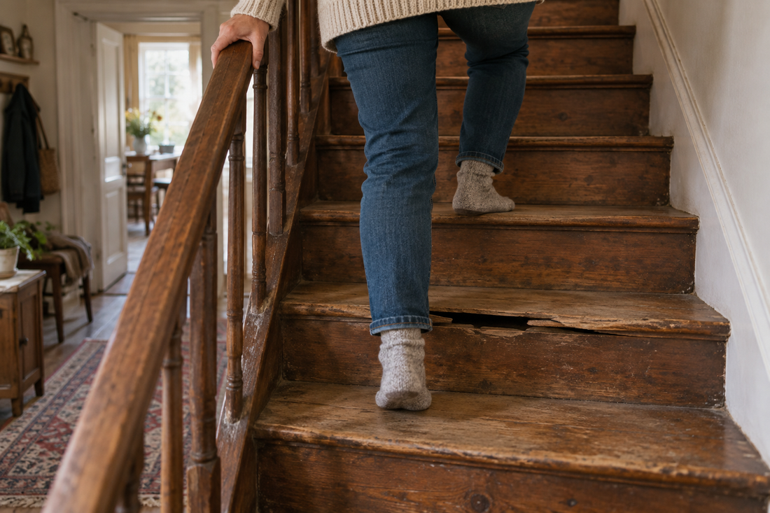 Personne enjambant une marche abîmée dans un escalier