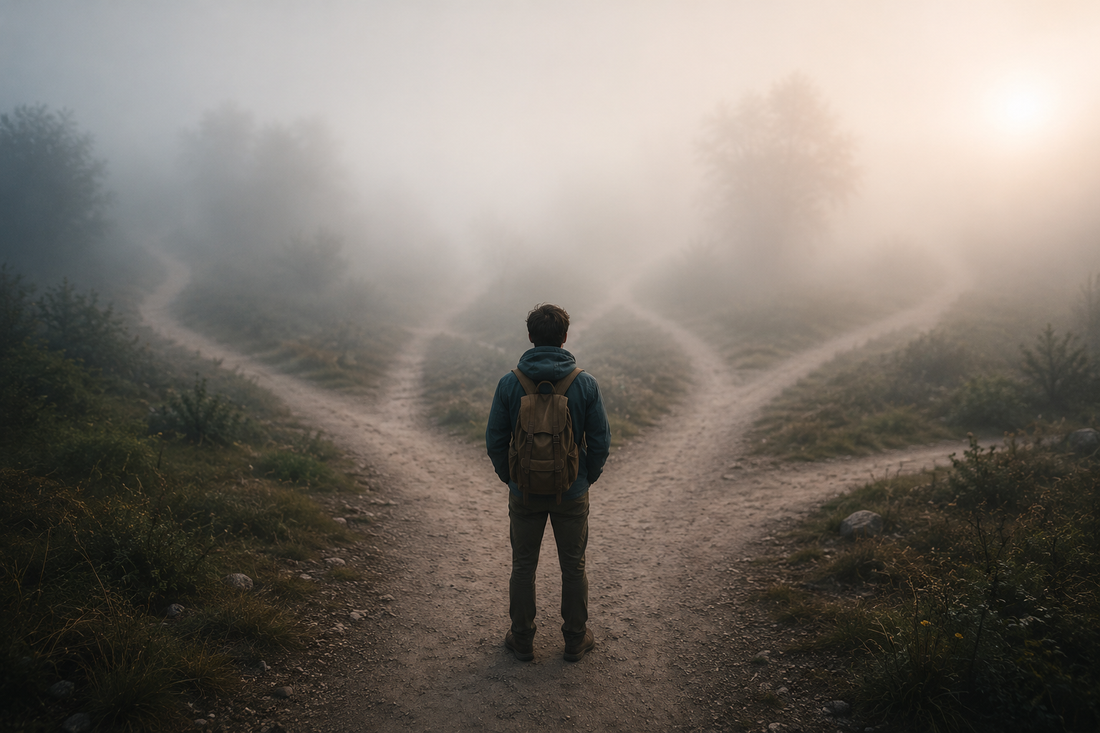 Personne observant un chemin partiellement caché dans le brouillard