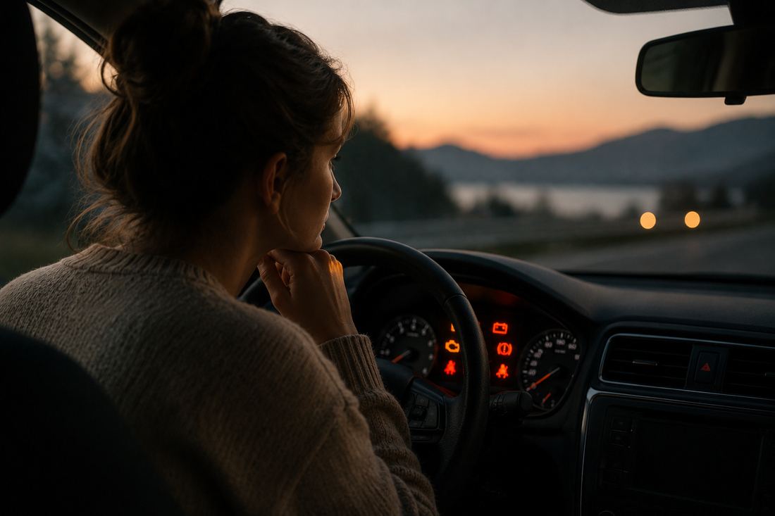 Personne observant les premiers voyants d’un tableau de bord de voiture qui s’allument doucement