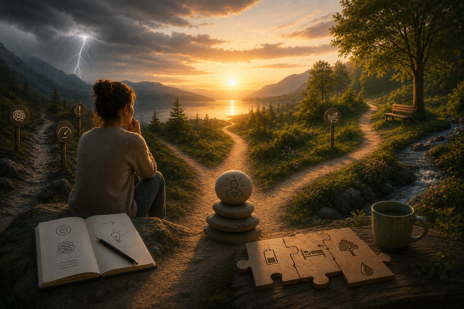 Personne prenant un moment de réflexion dans un environnement calme, illustrant l'interprétation des signaux du corps et la compréhension de son état interne