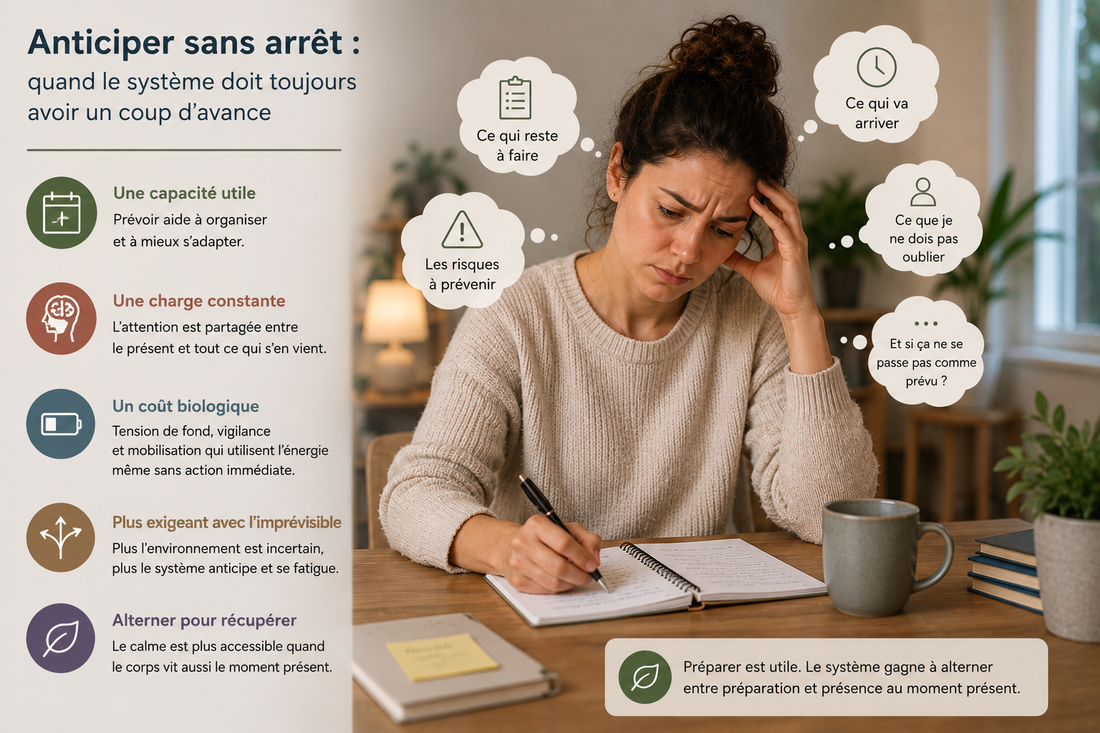Personne en réflexion devant plusieurs notes et tâches à venir