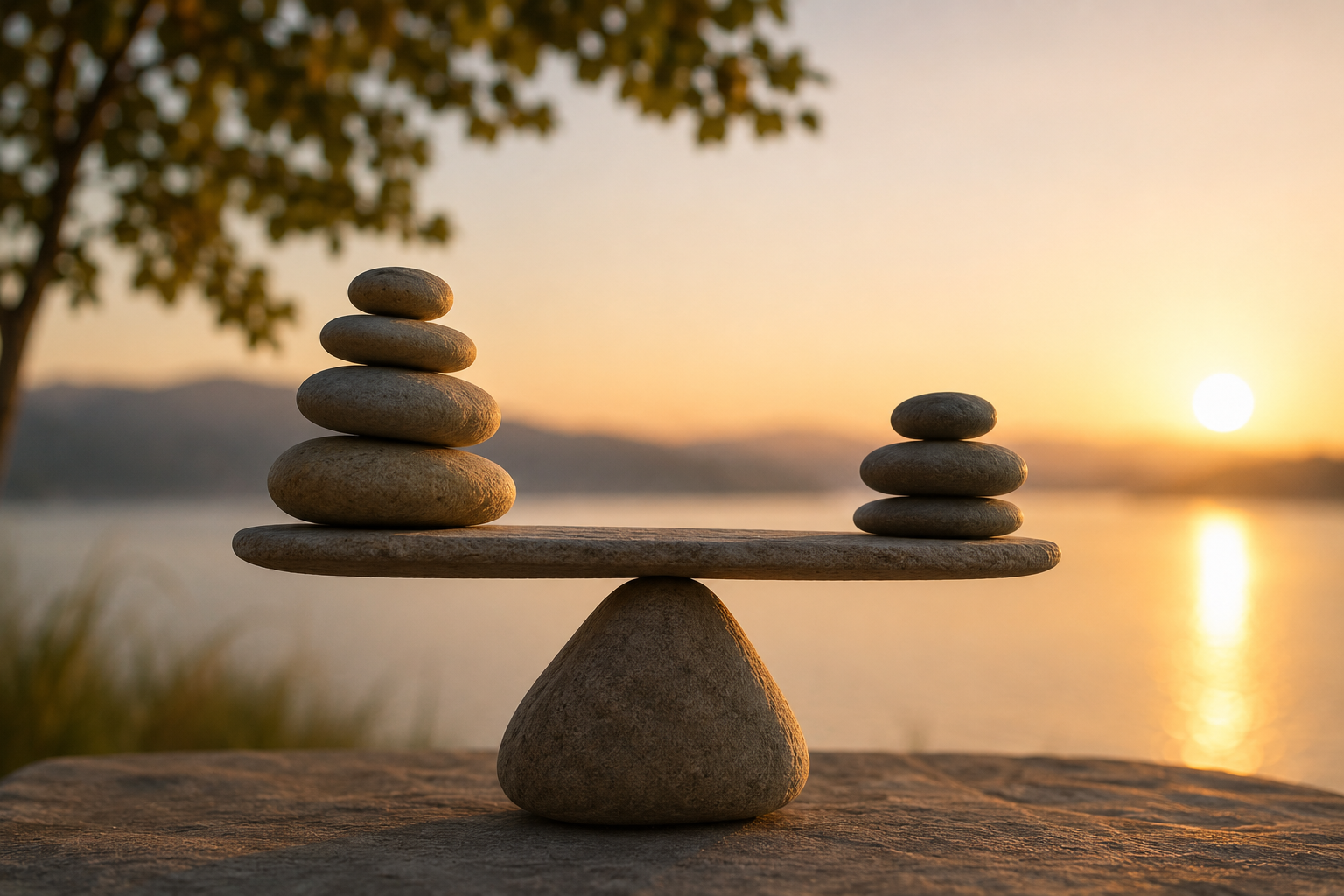 Piles de roches formant balance equilibre devant paysage calme coucher soleil