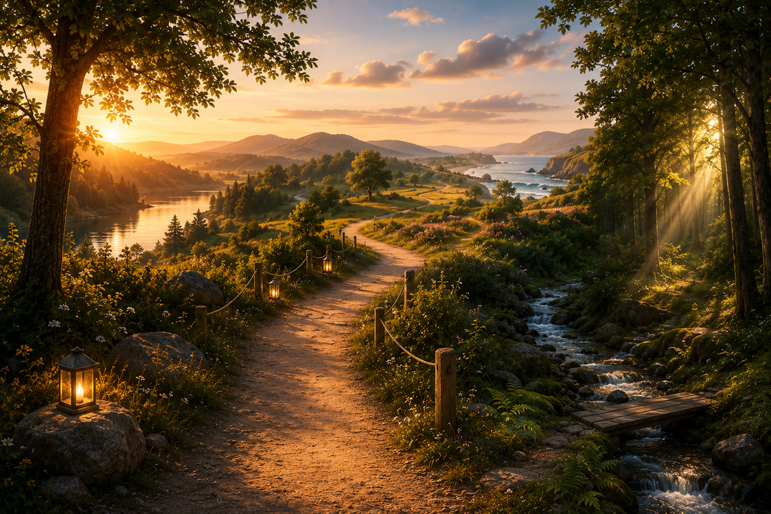 Sentier continu traversant différents paysages reliés harmonieusement entre eux, illustrant la manière dont le système nerveux se stabilise lorsqu’il peut suivre un fil conducteur clair au cours de la journée.