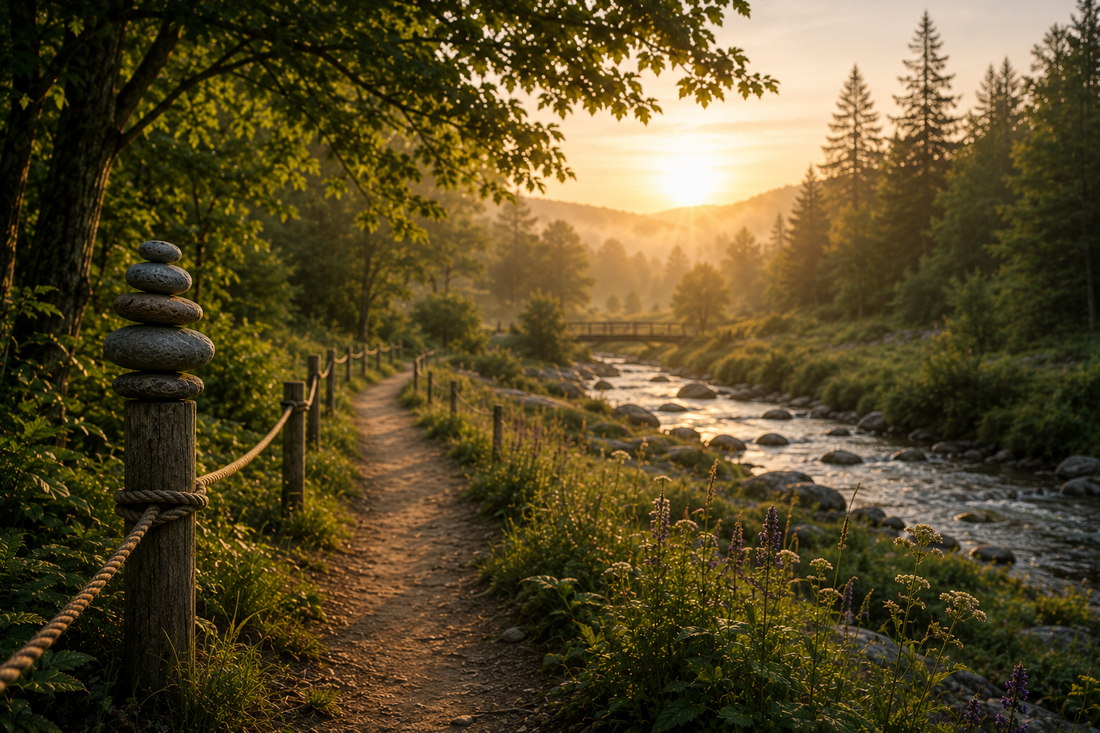Sentier de pierres régulières traversant une rivière calme, illustrant les repères stables qui permettent au système nerveux de maintenir son équilibre au fil du temps