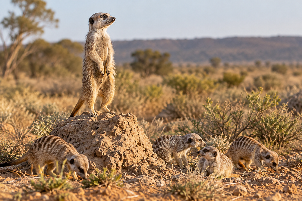 Suricate sentinelle surveillant un groupe qui cherche sa nourriture.