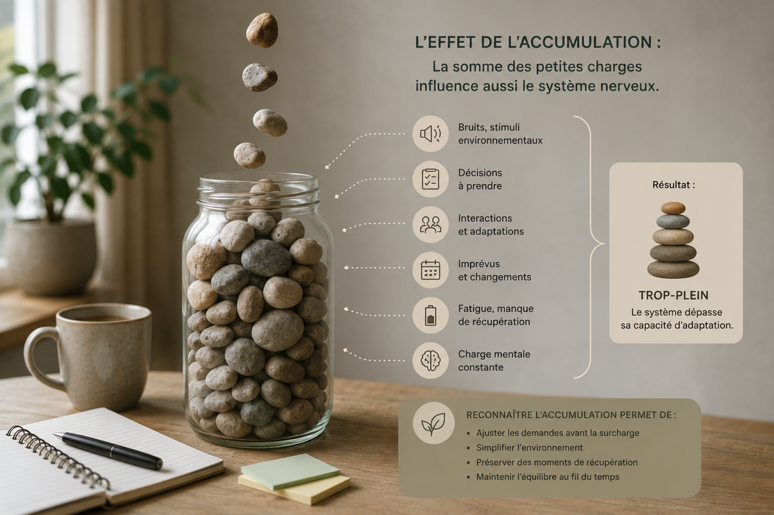 Illustration représentant l’accumulation progressive de nombreuses petites sollicitations influençant la capacité du système nerveux à maintenir son équilibre