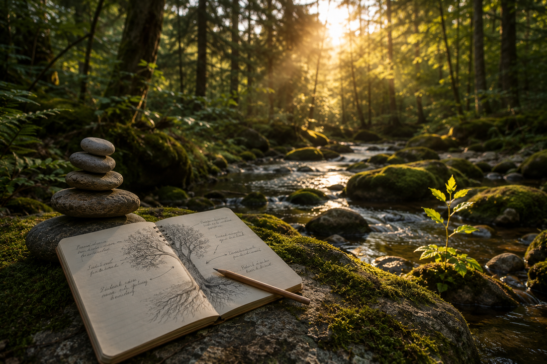 paysage de coucher de soleil dans une forêt plongeant sur un ruisseau, verdure, piles de roches, livre ouvert avec dessin d'un arbre et explications de son fonctionnement