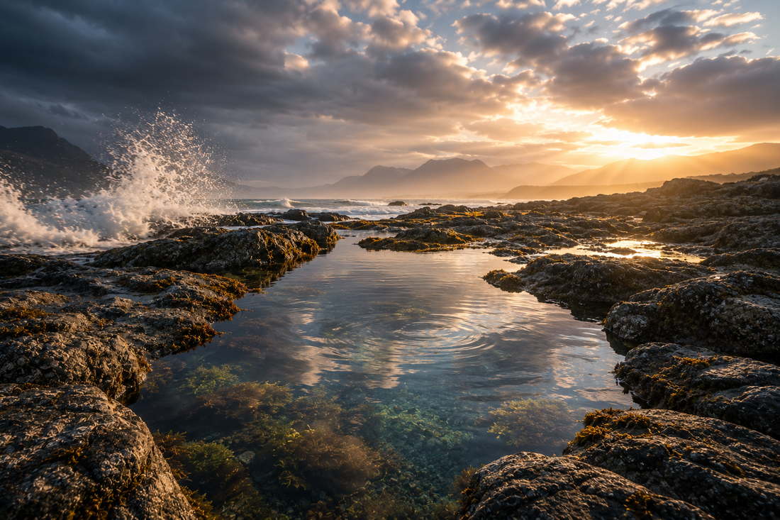 eau calme entouré de roches qui bloque les vagues dans un paysage de coucher de soleil