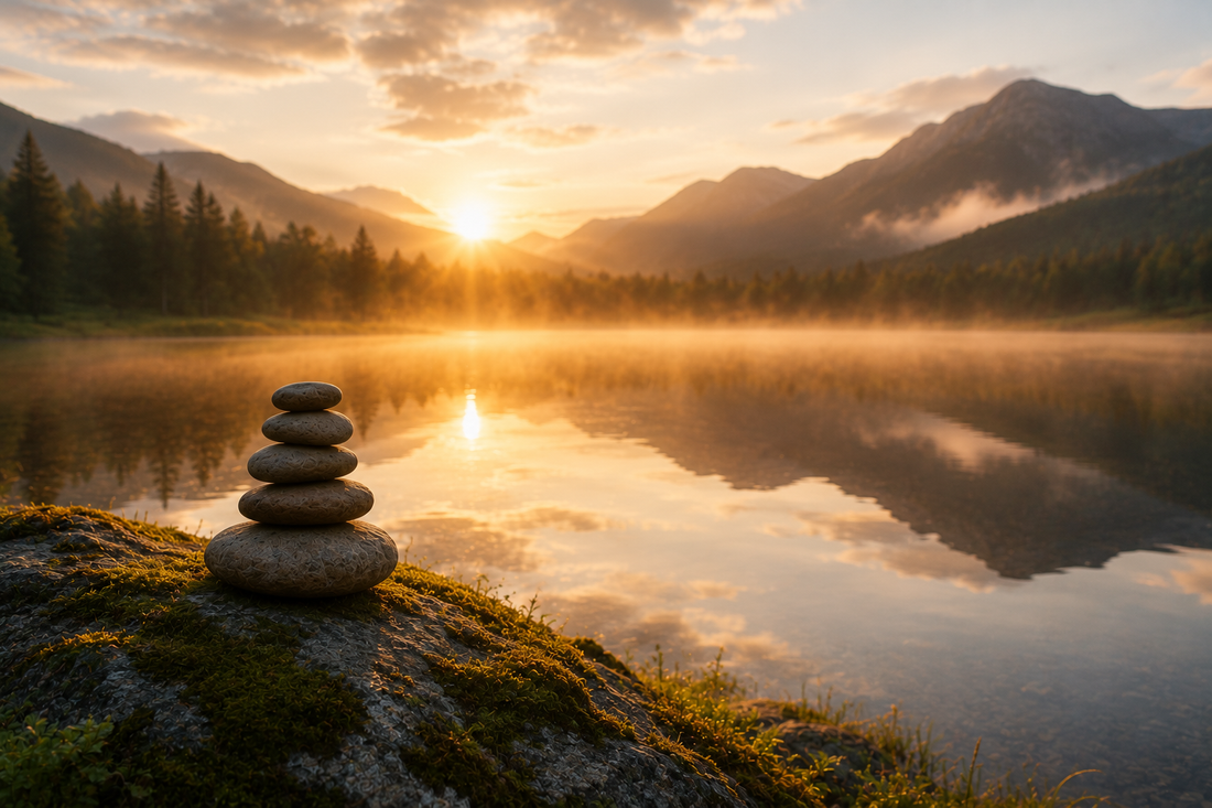 paysage montagnes autour d'un lac avec coucher du soleil et un rocher en avant plan avec une piles de rochers formant un totem