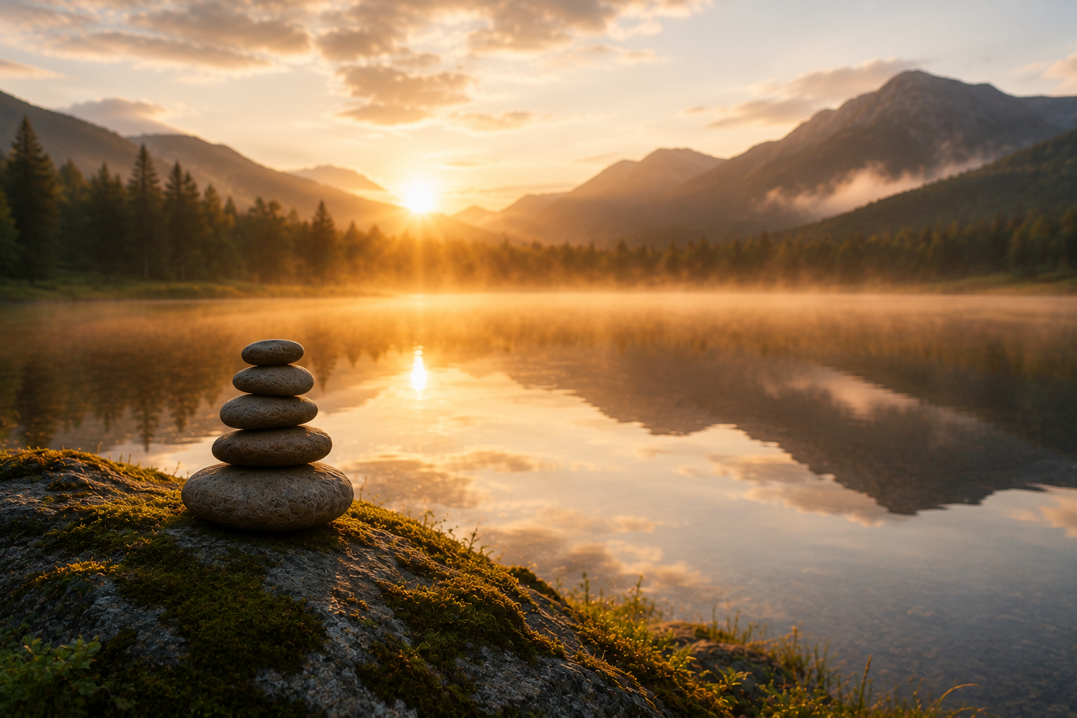 paysage montagnes autour d'un lac avec coucher du soleil et un rocher en avant plan avec une piles de rochers formant un totem
