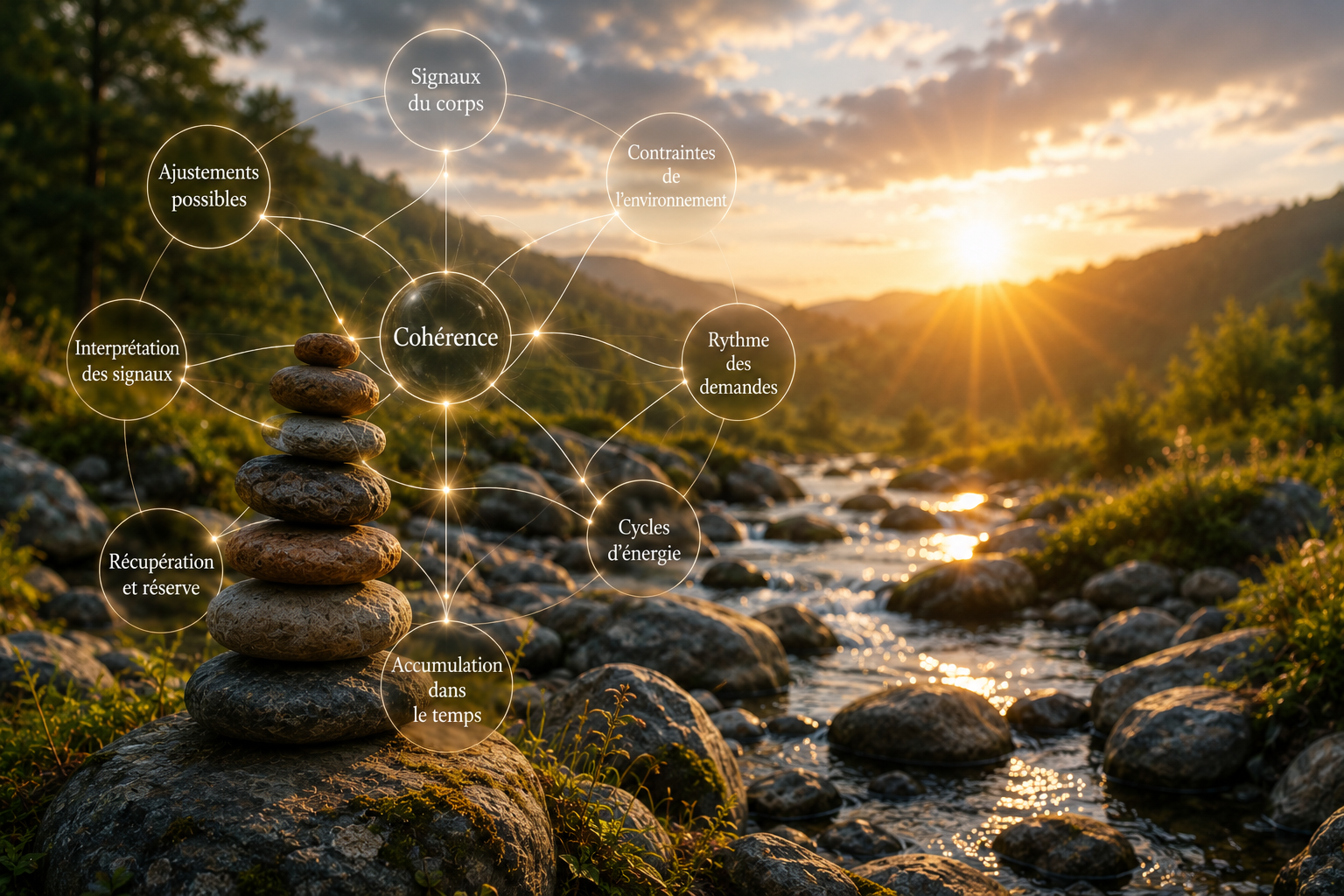 paysage de coucher de soleil vue sur ruisseau avec petits rochers qui illustre les besoins du système nerveux pour retrouver une cohérence interne