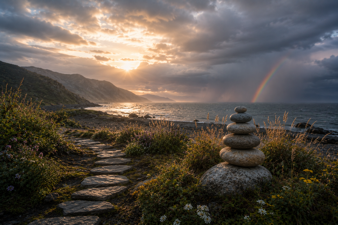 paysage sentier de pierres menant à une plage près des montagnes avec variations de température soleil et pluie formant un arc-en-ciel