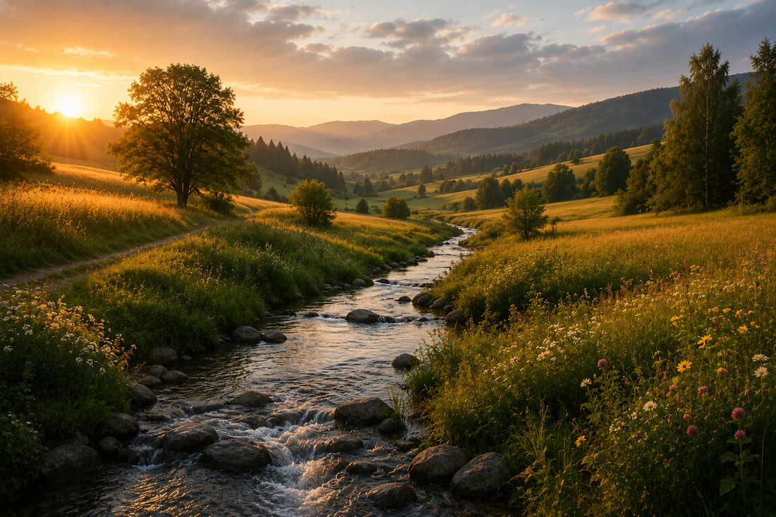 paysage couché de soleil entre deux arbres près d'un ruisseau et d'un sentier de marche