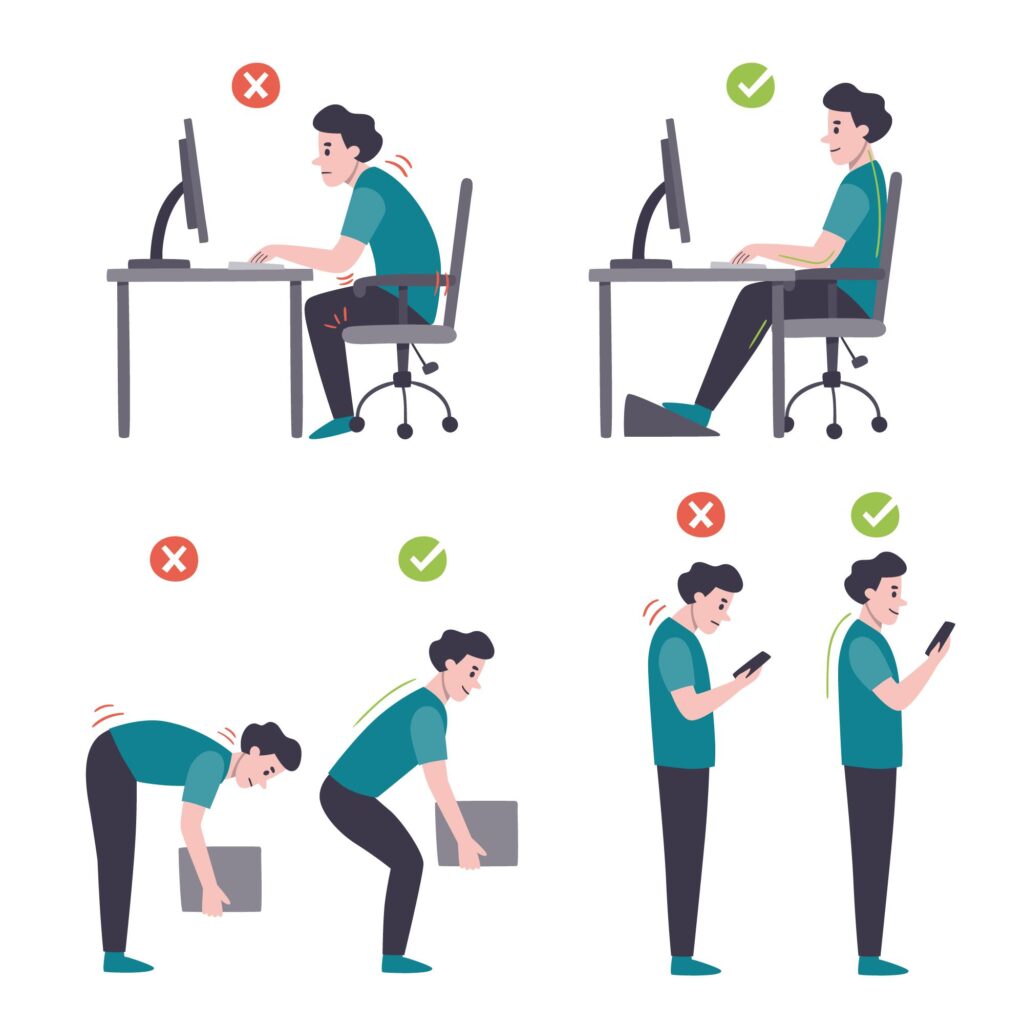 personne assise et debout  posture confortable ergonomique