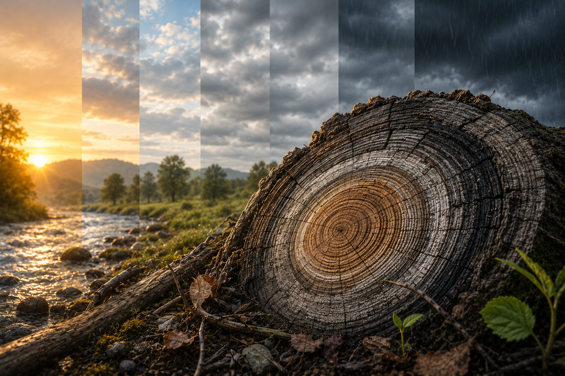 premier plan montre souche d'arbre qui représente le temps et en arrière plan des variations de paysages de températures ciel claire ensoleillé à sombre d'orage